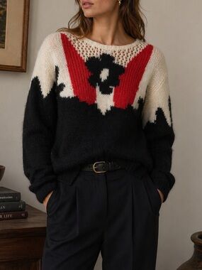 80’s angora mohair Lindor Scott Sweater Open Knit Graphic flower Kawaii small